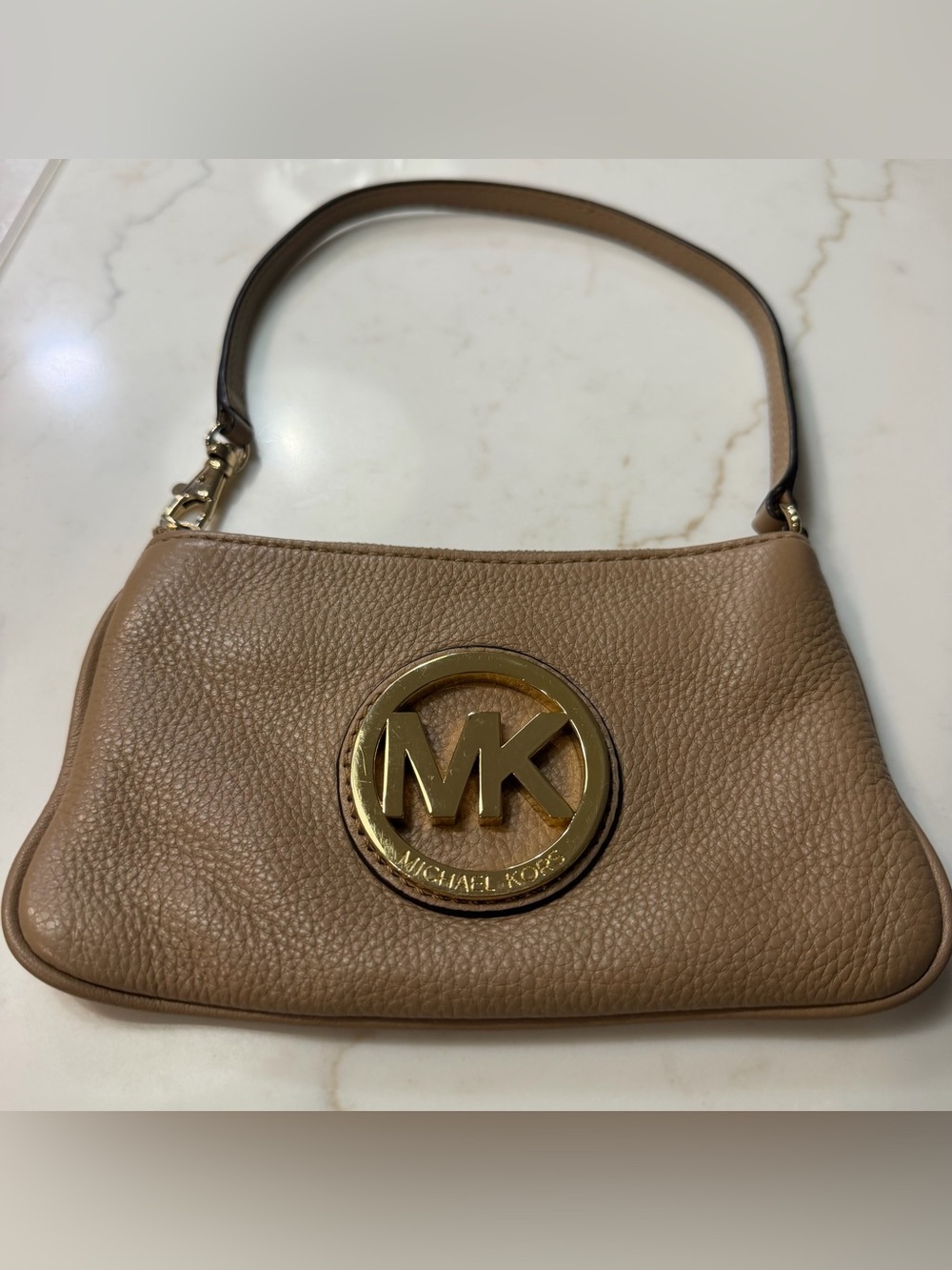 Michael Kors Tan Pebbled Leather wristlet with Gold MK Logo